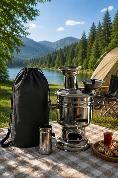 Paslanmaz Çelik Krom Semaver 4.5 Litre - Çantalı - Kömür & Odun Semaveri ürün görseli 1