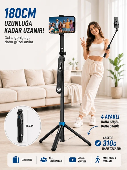 180cm Bluetooth Kumandalı Telefon Tripodu 360 Ayarlanabilir Selfie Çubuğu Android iOS GoPro Uyumlu ürün görseli 1