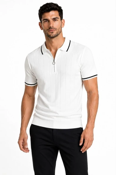 Erkek Fitilli Triko T-shirt Polo Yaka Yarım Fermuarlı Kısa Kollu Tişört - Beyaz ürün görseli 1