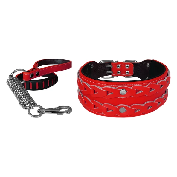 Markapet Elegance Deri İşlemeli Lüks Köpek Tasma Seti XL 7 cm*60-68 cm Kırmızı ürün görseli 1
