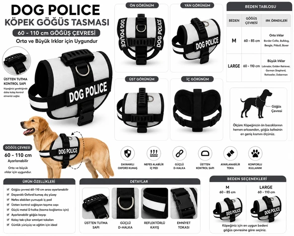 Dog Police Ayarlanabilir Köpek Göğüs Tasması Bej - Siyah (60-110 cm) ürün görseli 1