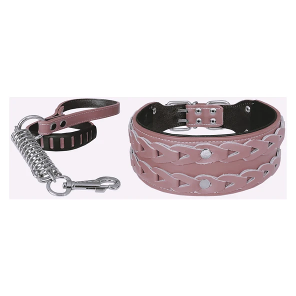 Markapet Elegance Deri İşlemeli Lüks Köpek Tasma Seti XL 7 cm*60-68 cm Pudra ürün görseli 1