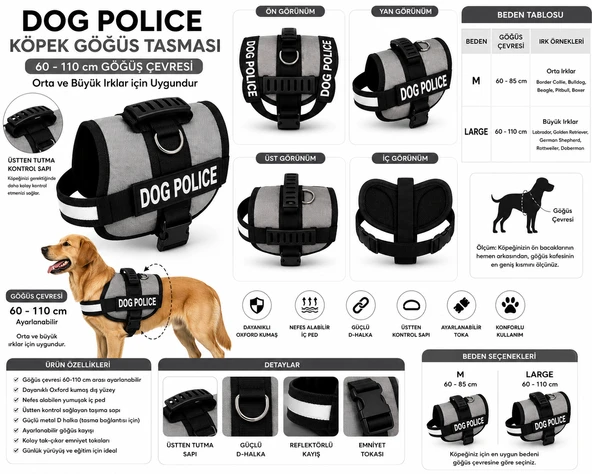 Dog Police Ayarlanabilir Köpek Göğüs Tasması Gri- Siyah (60-110 cm) ürün görseli 1