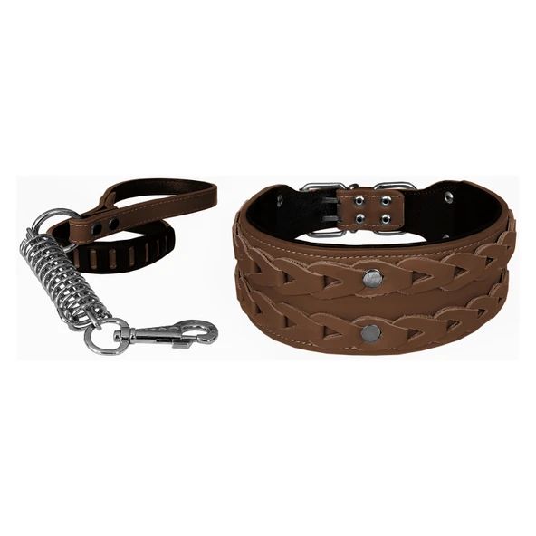 Markapet Elegance Deri İşlemeli Lüks Köpek Tasma Seti XL 7 cm*60-68 cm Kahverengi ürün görseli 1