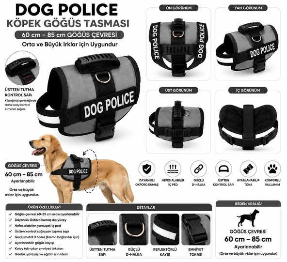 Dog Police Ayarlanabilir Köpek Göğüs Tasması Gri - Siyah (60-85 cm) ürün görseli 1