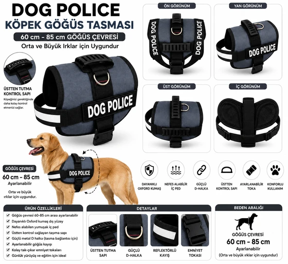 Dog Police Ayarlanabilir Köpek Göğüs Tasması Füme Gri - Siyah (60-85 cm) ürün görseli 1