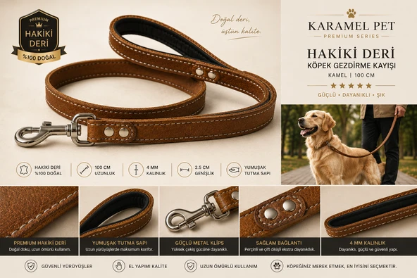 Premium Hakiki Deri Köpek Gezdirme Kayışı Kamel 100 cm Yumuşak Dolgulu Tutma Saplı ürün görseli 1