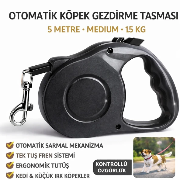 Karamel Pet Otomatik  Köpek Gezdirme Tasması Medium 5 Metre 15 kg Siyah ürün görseli 1