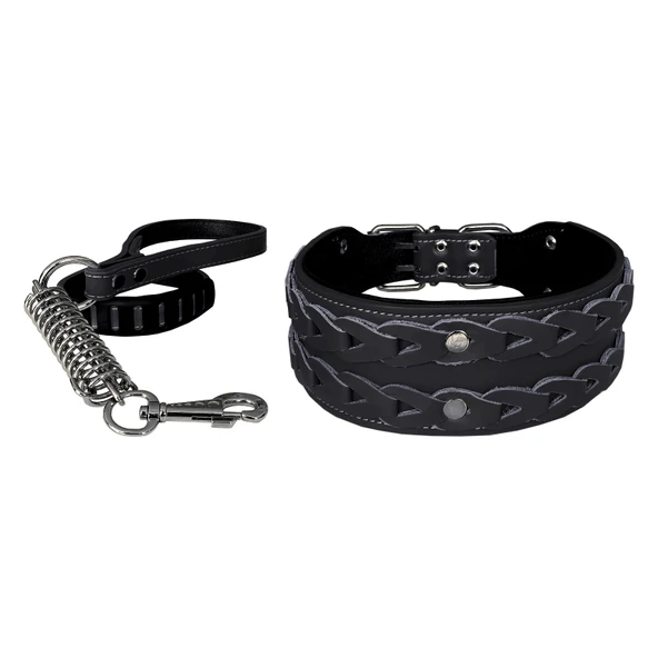 Markapet Elegance Deri İşlemeli Lüks Köpek Tasma Seti XL 7 cm*60-68 cm Siyah ürün görseli 1