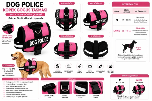 Dog Police Ayarlanabilir Köpek Göğüs Tasması Pembe - Siyah (60-110 cm) ürün görseli 1