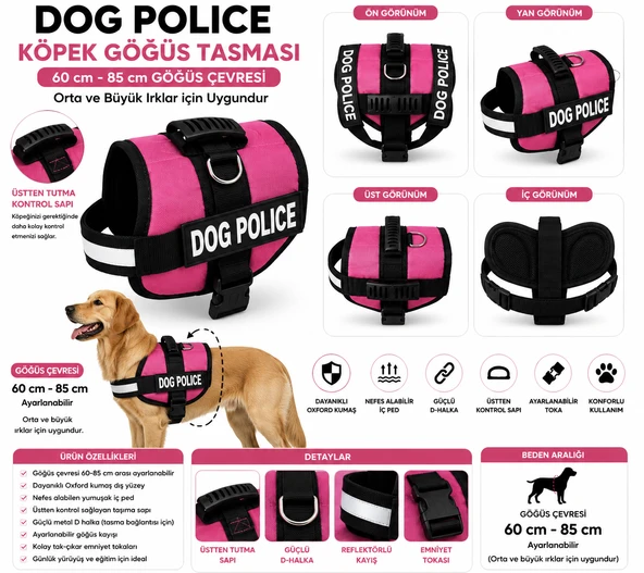 Dog Police Ayarlanabilir Köpek Göğüs Tasması Pembe - Siyah (60-85 cm) ürün görseli 1