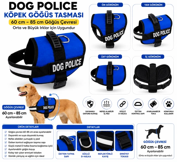 Dog Police Ayarlanabilir Köpek Göğüs Tasması Mavi-Siyah (60-85 cm) ürün görseli 1