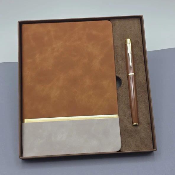 Altın Şeritli Taba Deri Defter - Kahverengi Roller Kalem - Kutulu Özel Hediye Seti ürün görseli 1