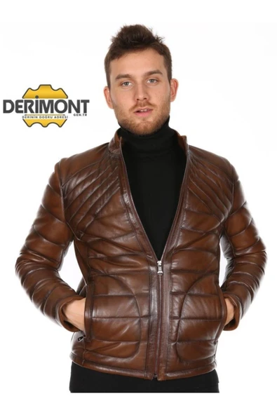 Hakiki Deri Taba Erkek Deri Mont Düz Çizgi Desenli Fermuarlı Deri Ceket ürün görseli 1