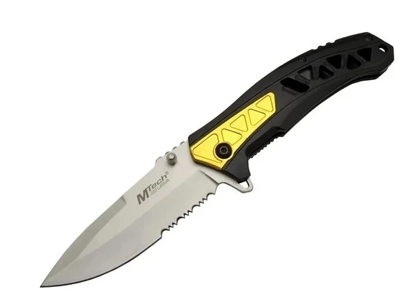 4191 Sarı Kamp Çakı 21cm - Yarı Otomatik, Kemerlikli, Testere Detaylı, Desenli Sap ürün görseli 1