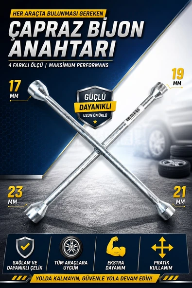 Moonshop Çapraz Bijon Anahtarı 17-19-21-23 mm – Ağır Hizmet Tipi Lastik Sökme Takma Anahtarı ürün görseli 1