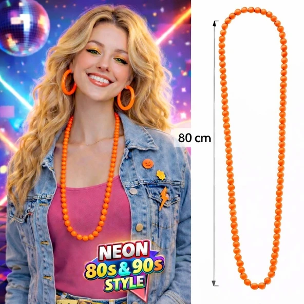 Neon Turuncu Boncuk Kolye 80 Cm – Retro 80’ler 90’lar Parti Aksesuarı ürün görseli 1