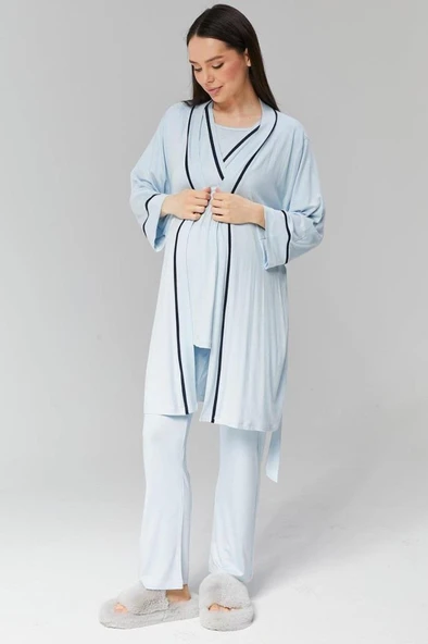 BirolGaye 2030 Mavi Hamile Lohusa 3 Lü Pijama Sabahlık Tk ürün görseli 1