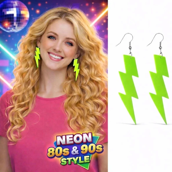 80’ler 9039lar Retro Neon Yeşil Şimşek Küpe 10 Cm ürün görseli 1
