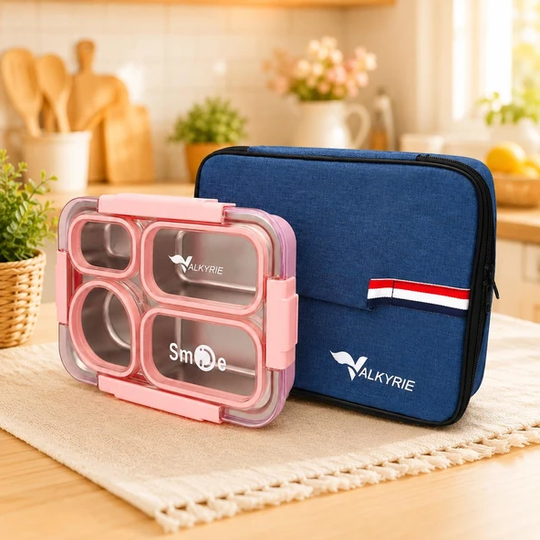 Valkyrie 304 Paslanmaz Çelik 4 Bölmeli Pembe Lunch Box Termal Çantalı – Sızdırmaz Beslenme Kabı, Çatal Kaşık Dahil ürün görseli 1