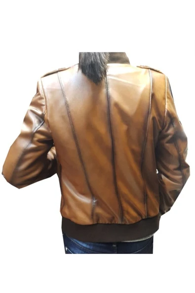 Hakiki Deri Taba Beli Lastikli Kadın Ceket - Resim 2