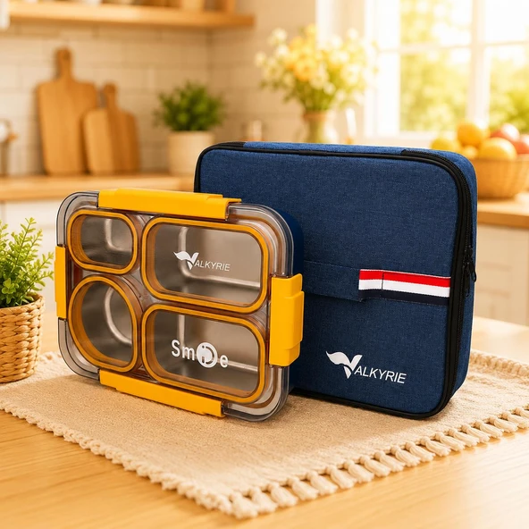 Valkyrie 304 Paslanmaz Çelik 4 Bölmeli Sarı Lunch Box Termal Çantalı – Sızdırmaz Beslenme Kabı, Çatal Kaşık Dahil ürün görseli 1