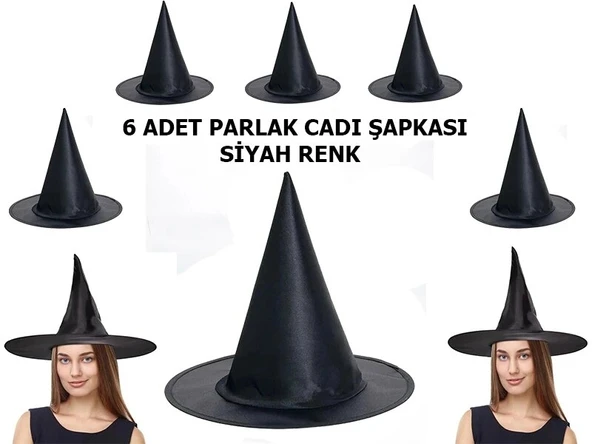 Siyah Renk Parlak Dralon Cadı Şapkası Yetişkin Ve Çocuk Uyumlu 6 Adet ürün görseli 1