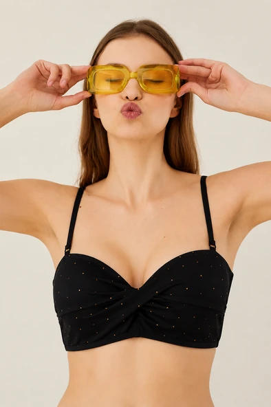 Siyah Taşlı Lotus Straplez Tek Üst Bikini ürün görseli 1