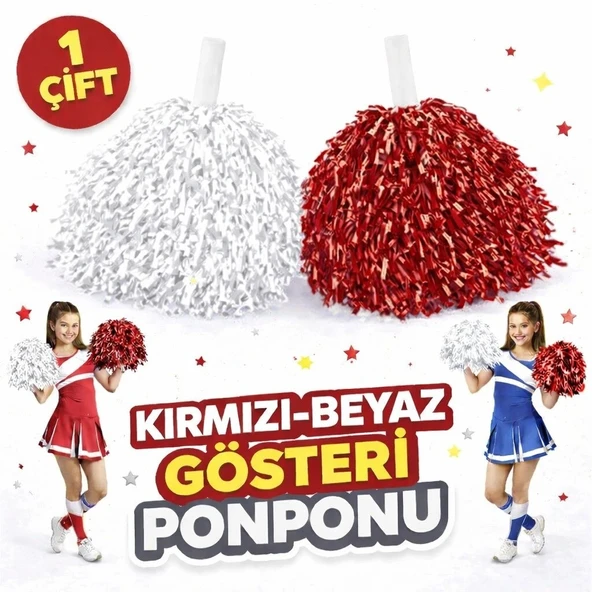 1 Çift ( 2 Adet ) Kırmızı-beyaz Renk 23 Nisan 19 Mayıs 29 Ekim Okul Gösteri Ponponları Ekstra Dolgun ürün görseli 1
