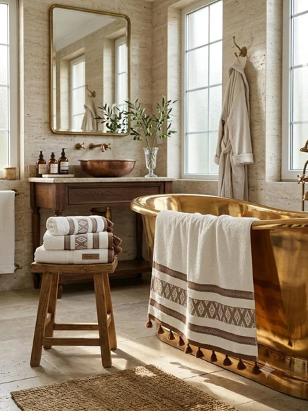 Kumsal Jakarlı Banyo Havlusu 90x140 cm Bej ürün görseli 1