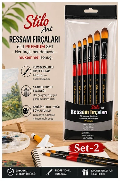 Profesyonel Resim Fırça Seti 6 lı Kedi Dili 1 Paket Stilo Set 2 Sentetik Kaliteli Ressam Fırça Seti Akrilik Guaj Yağlı ürün görseli 1