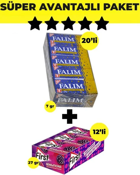 Falım Damla Aromalı Sakız (5'li x 20 Adet)- First Sensations Ahududu ve Karadut Aromalı Sakız (27gr x 12 Adet) ürün görseli 1