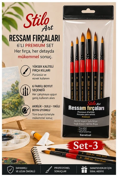Profesyonel Resim Fırça Seti 6 lı Yuvarlak 1 Paket Stilo Set 3 Sentetik Kaliteli Ressam Fırça Seti Akrilik Guaj Yağlı ürün görseli 1