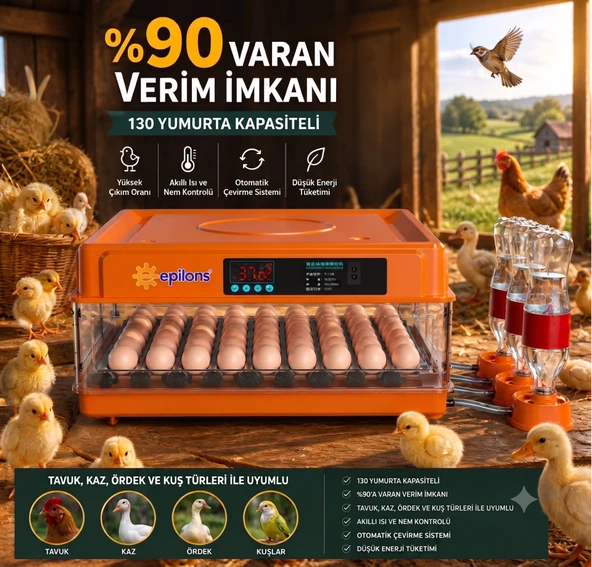 Tam Otomatik Kuluçka Makinesi 130 Yumurta Kapasiteli - Akıllı Isı Ve Nem Kontrollü, Ayarlanabilir Viyol, Otomatik Su Sistemli ürün görseli 1