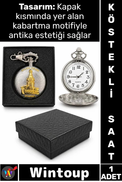 #Saat Retro 4x5 Cm Klasik Koleksiyonluk Hediyelik Özel Kutulu Gümüş Şık Galata Kulesi Köstekli Saat ürün görseli 1
