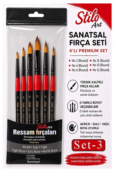 Profesyonel Resim Fırça Seti 6 lı Yuvarlak 1 Paket Stilo Set 3 Sentetik Kaliteli Ressam Fırça Seti Akrilik Guaj Yağlı ürün görseli 1