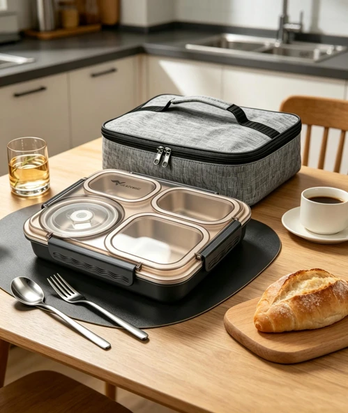 Valkyrie 1500 ML 4 Bölmeli Paslanmaz Çelik Yemek Termosu Beslenme Kabı | Sızdırmaz Lunch Box Termal Taşıma Çantası ürün görseli 1
