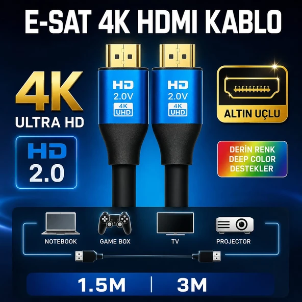 E-SAT 4K ULTRA HD 2,0 V ALTIN UÇLU PREMİUM SERİ HDMI KABLO 1,5 MT ürün görseli 1