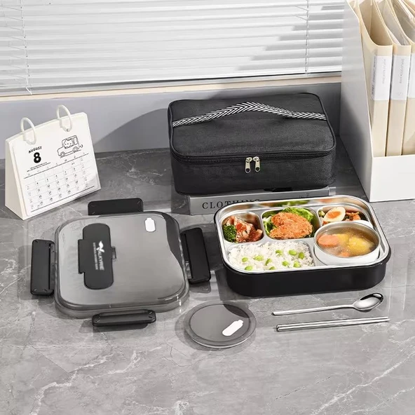 Valkyrie 304 Paslanmaz Çelik Lunch Box 2400 ML Termal Taşıma Çantalı 5 Bölmeli Sızdırmaz Yemek Kabı Çatal Kaşık Dahil Siyah ürün görseli 1