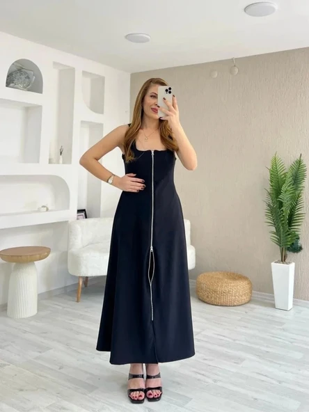 Kadın Askılı Kare Yaka önden Fermuarlı Geniş Kesim Janjan Krep Elbise ürün görseli 1