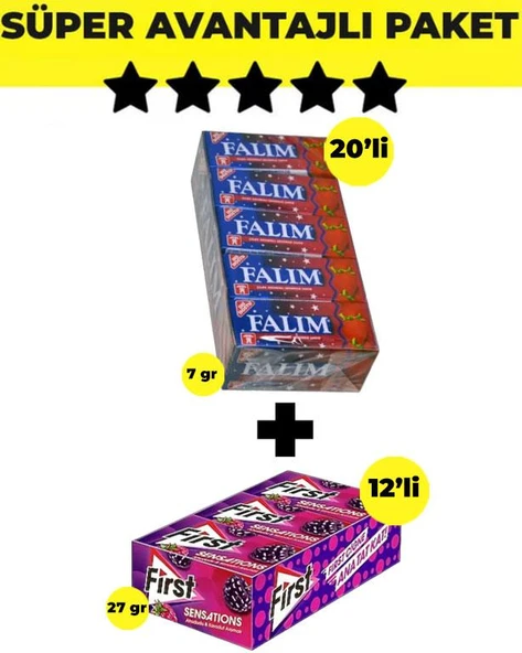 Falım Çilek Aromalı Sakız (5'li x 20 Adet)- First Sensations Ahududu ve Karadut Aromalı Sakız (27gr x 12 Adet) ürün görseli 1