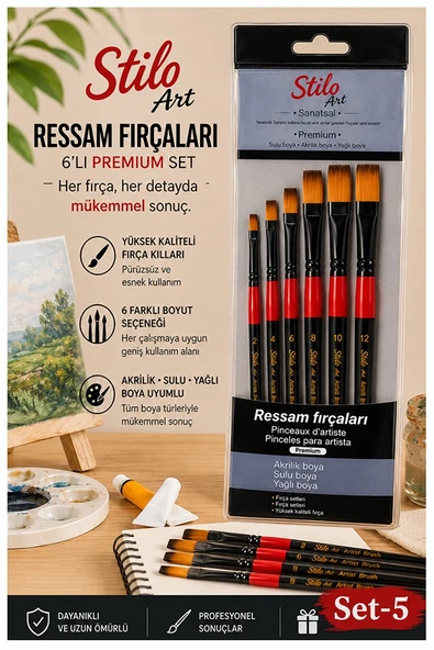 Profesyonel Resim Fırça Seti 6 lı Kesik Uçlu 1 Paket Stilo Set 5 Sentetik Kaliteli Ressam Fırça Seti Akrilik Guaj Yağlı ürün görseli 1