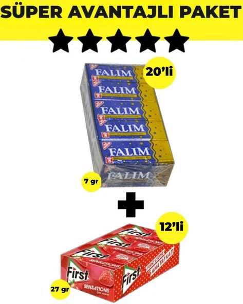 Falım Damla Aromalı Sakız (5'li x 20 Adet)- First Sensations Çilek Aromalı Sakız (27gr x 12 Adet) ürün görseli 1