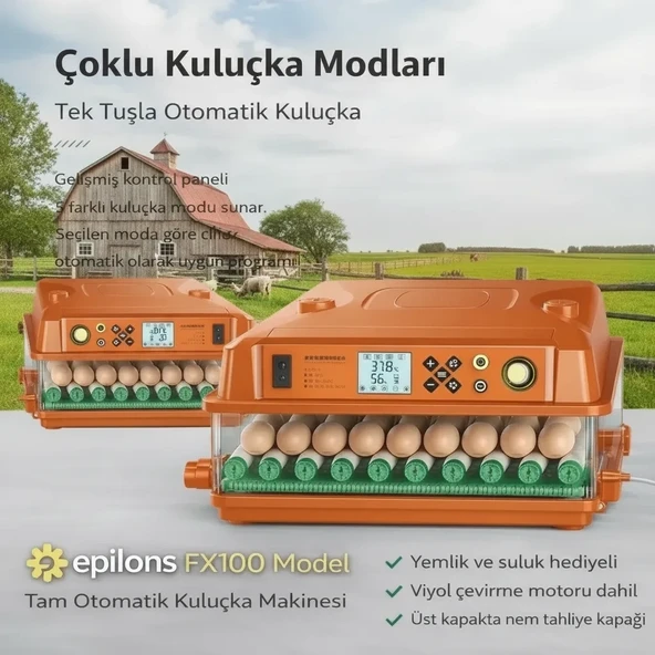 Fx100 Tam Otomatik Kuluçka Makinesi – 100 Yumurta Kapasiteli | Yeni Nesil Havalandırma | Otomatik Motorlu Su Alma Sistemi | Dijital Isı Ve Nem Kontrolü ürün görseli 1