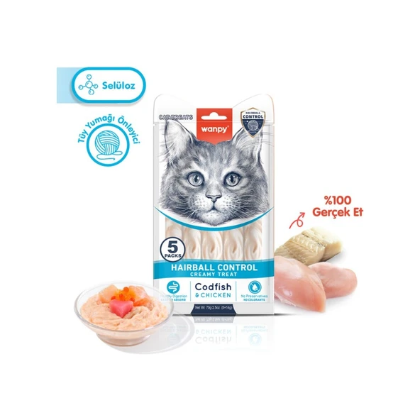 Wanpy Hairball Control Tüy Yumağı Önleyici Morina Balığı ve Tavuklu Sıvı Ödül Maması 5x14 gr ürün görseli 1