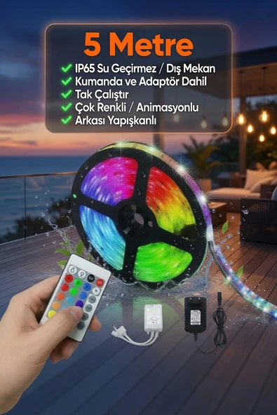 5 Metre RGB LED Şerit Işık IP65 Dış Mekan Su Geçirmez Kumandalı Adaptör Dahil Çok Renkli Animasyonlu LED Şerit ürün görseli 1