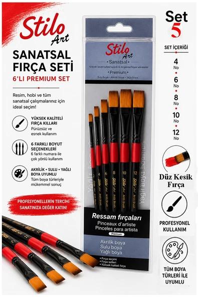 Profesyonel Resim Fırça Seti 6 lı Kesik Uçlu 1 Paket Stilo Set 5 Sentetik Kaliteli Ressam Fırça Seti Akrilik Guaj Yağlı ürün görseli 1