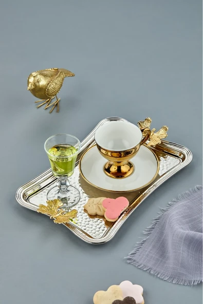 Cooker Kelebekli Metal Dikdörtgen Gümüş Sunum Tepsisi 27x18 cm CKR3172 ürün görseli 1