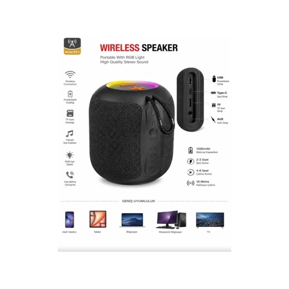SA-147 Rgb Işıklı Taşınabilir Bluetooth Hoparlör 5W Powerbank Fm Radyo, Usb/tf/aux ürün görseli 1