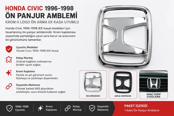 Honda Civic 1996-1998 Ön Panjur Amblemi Krom H Logo Ön Arma Uyumlu ürün görseli 1